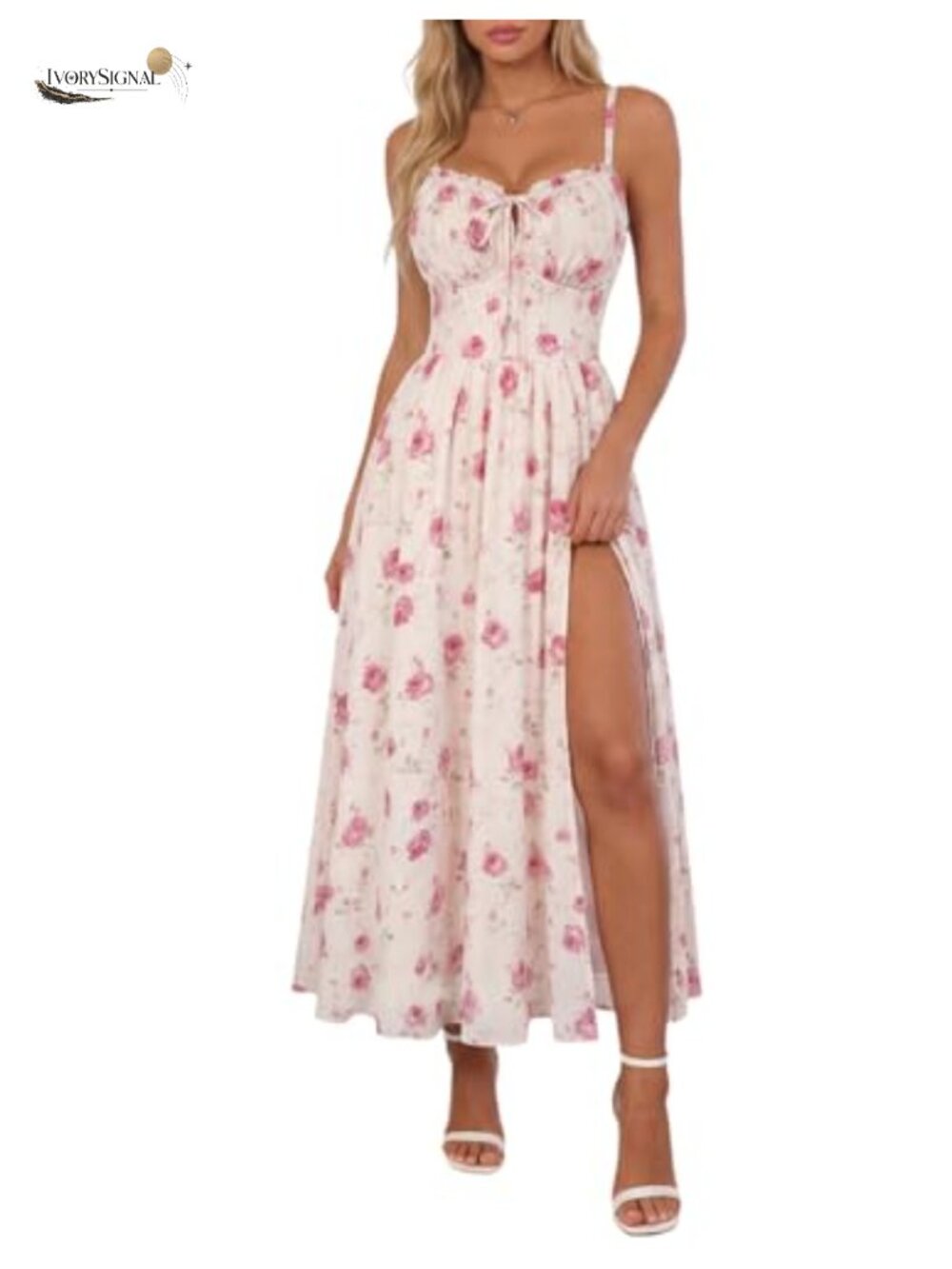 Floral Corset Midi Dress V-Neck Smocked Back Sleeveless Wedding Guest